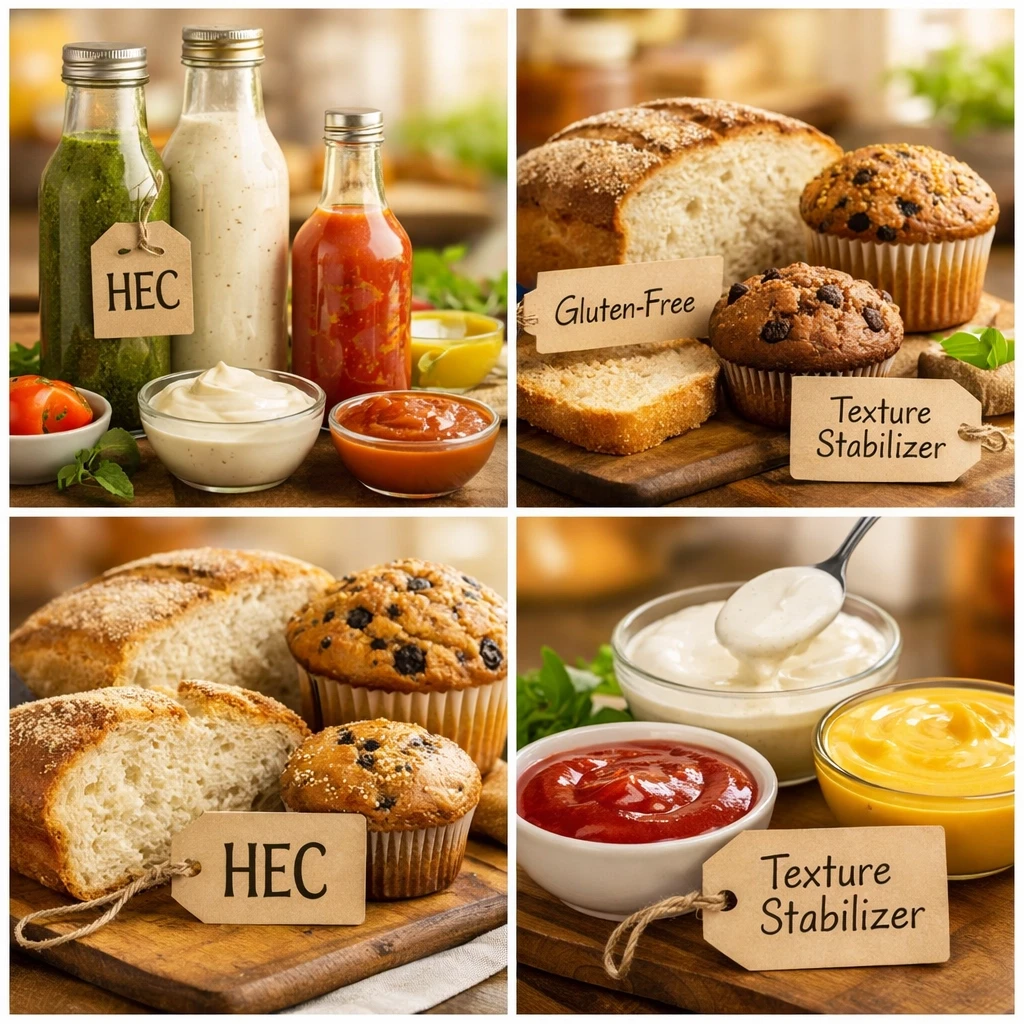 Sauces, assaisonnements et produits de boulangerie sans gluten avec étiquettes.