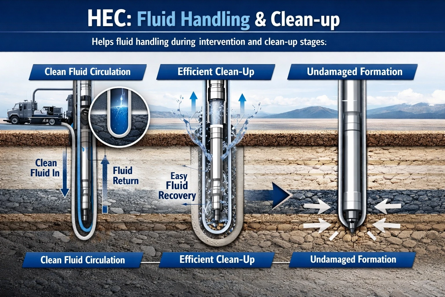 Diagram showing HEC fluid handling and clean-up in workover fluids