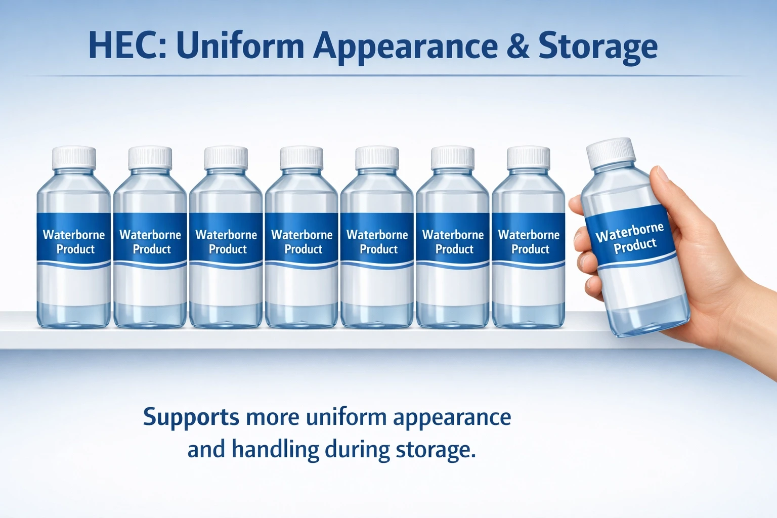 Diagram showing HEC uniform appearance and storage stability in waterborne systems