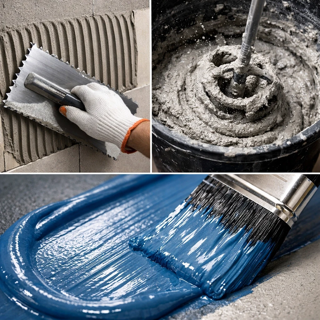 Images de l'application de colle à carrelage, du mélange de mortier et de la texture de la peinture.