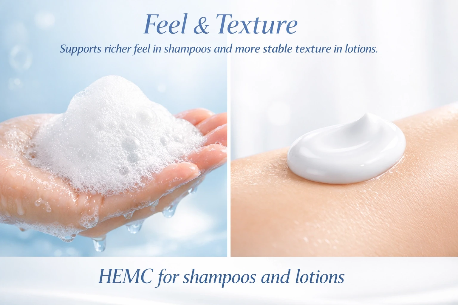 Diagram showing HEMC feel and texture benefits in shampoos and lotions