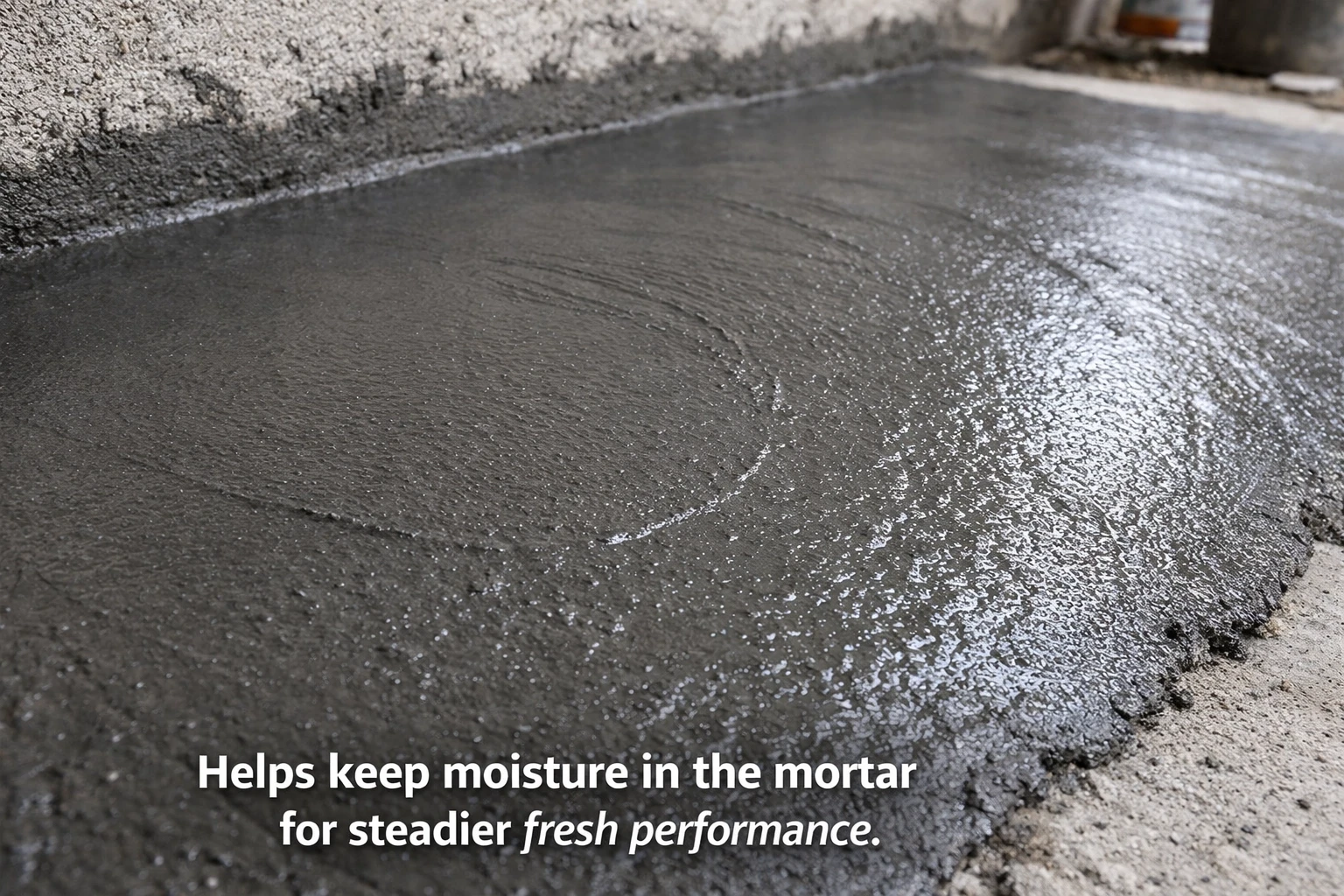 Fresh cementitious waterproof mortar showing HEMC moisture retention performance