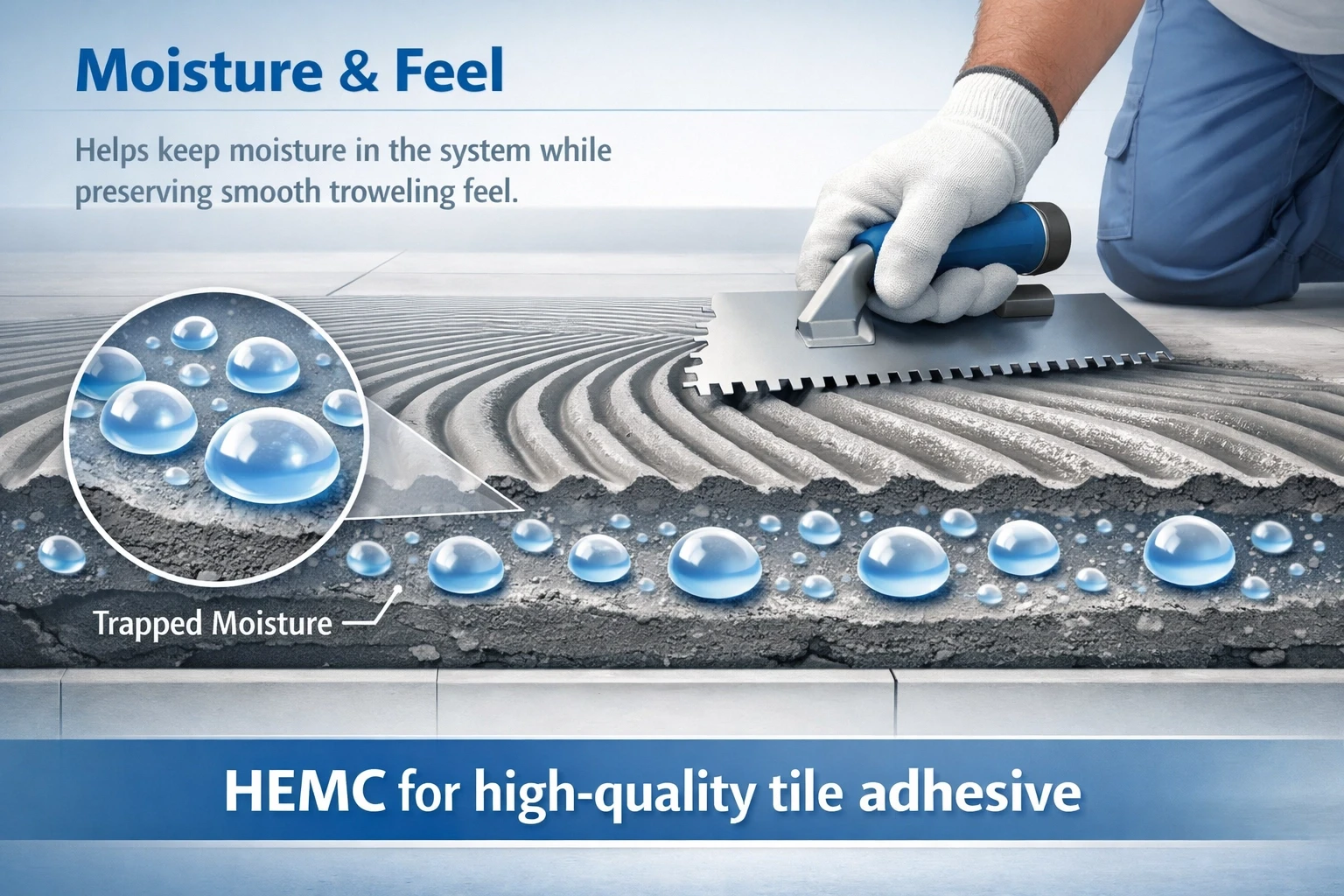 Diagram showing HEMC moisture retention and troweling feel in high-quality tile adhesive