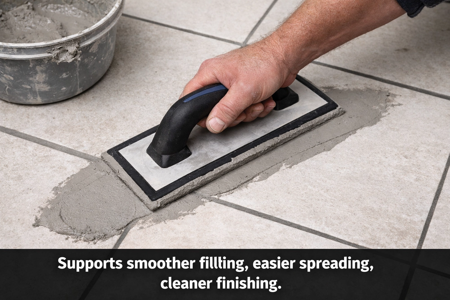 Grout float applying tile grout with HEMC support