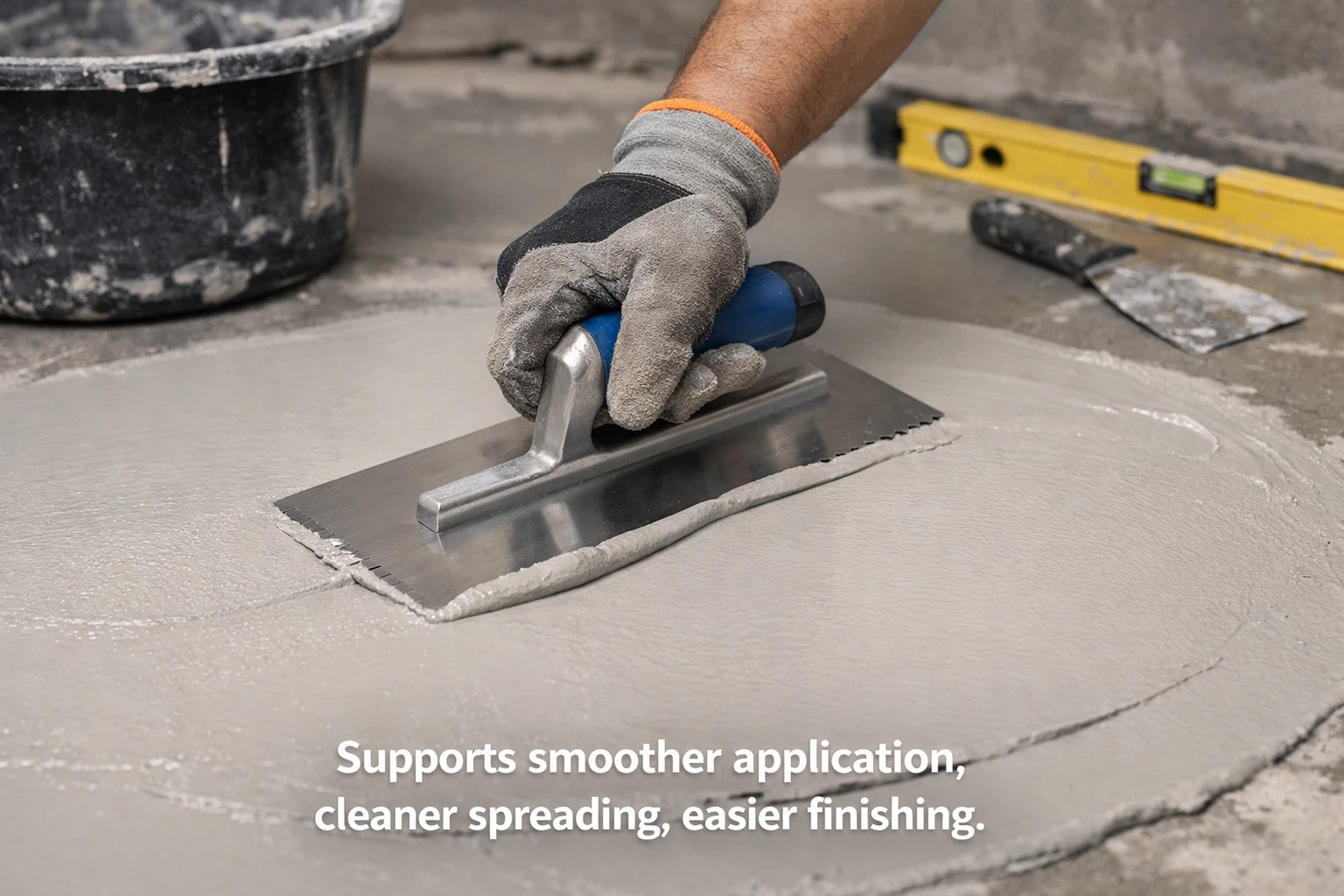 Trowel applying cementitious waterproof mortar with HEMC support
