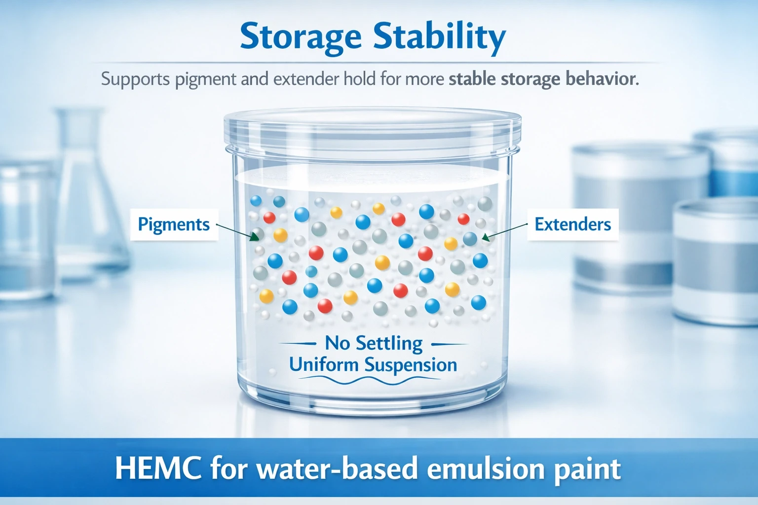 Technical image illustrating how HEMC supports pigment suspension and steadier storage behavior in water-based emulsion paint systems.