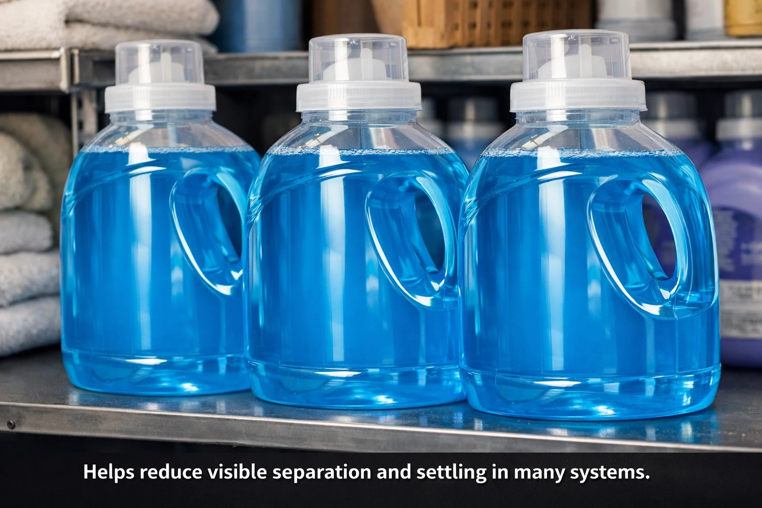 Liquid laundry detergent bottles showing HEMC storage stability