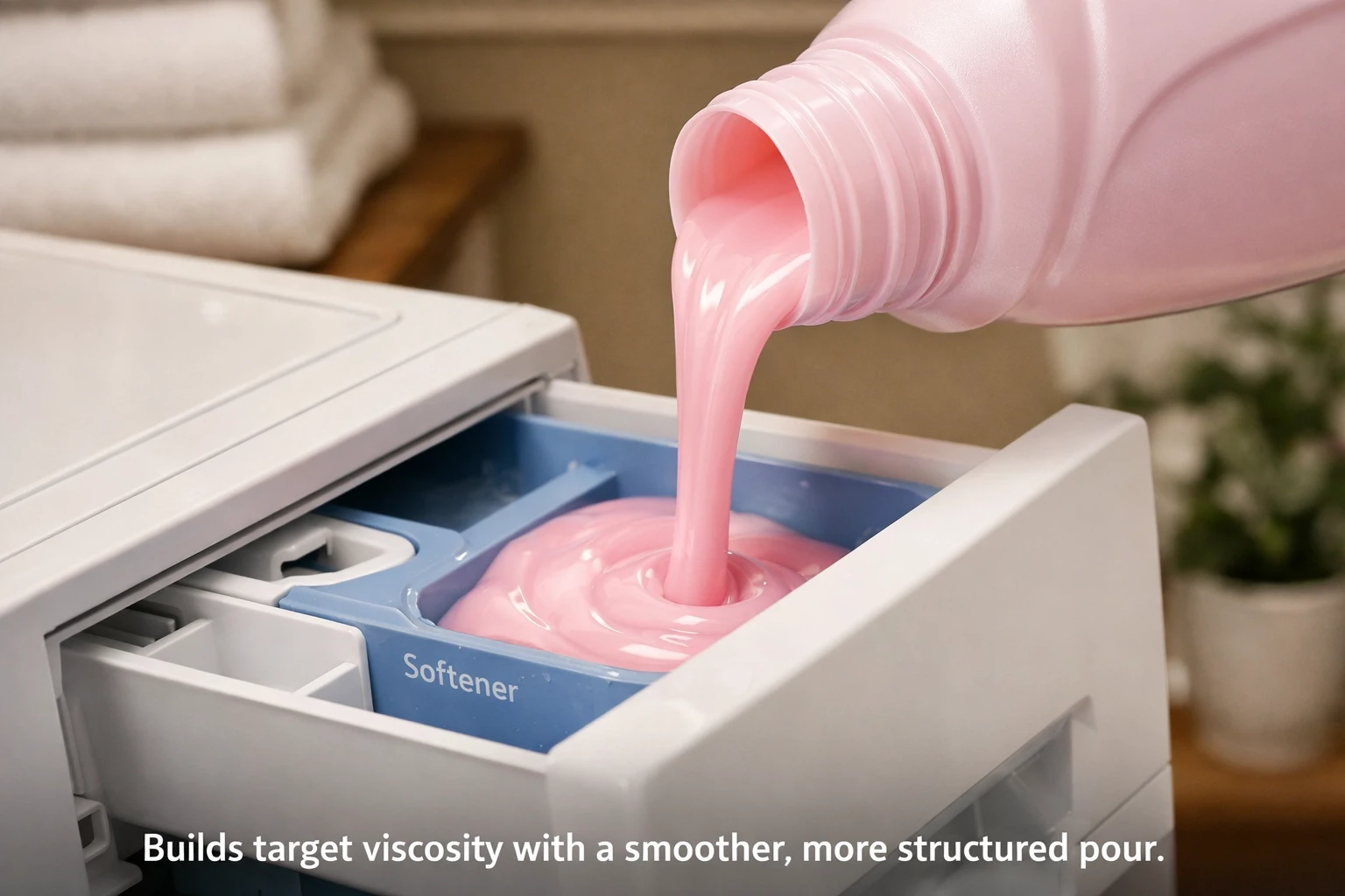 Pink fabric softener pouring into a dispenser with HEMC support
