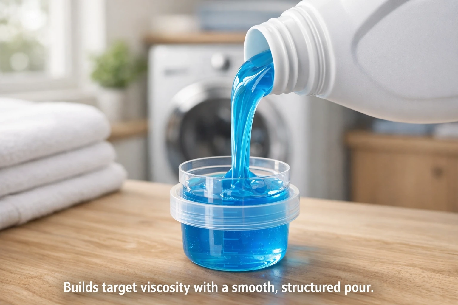 Blue liquid laundry detergent pouring into a cap with HEMC