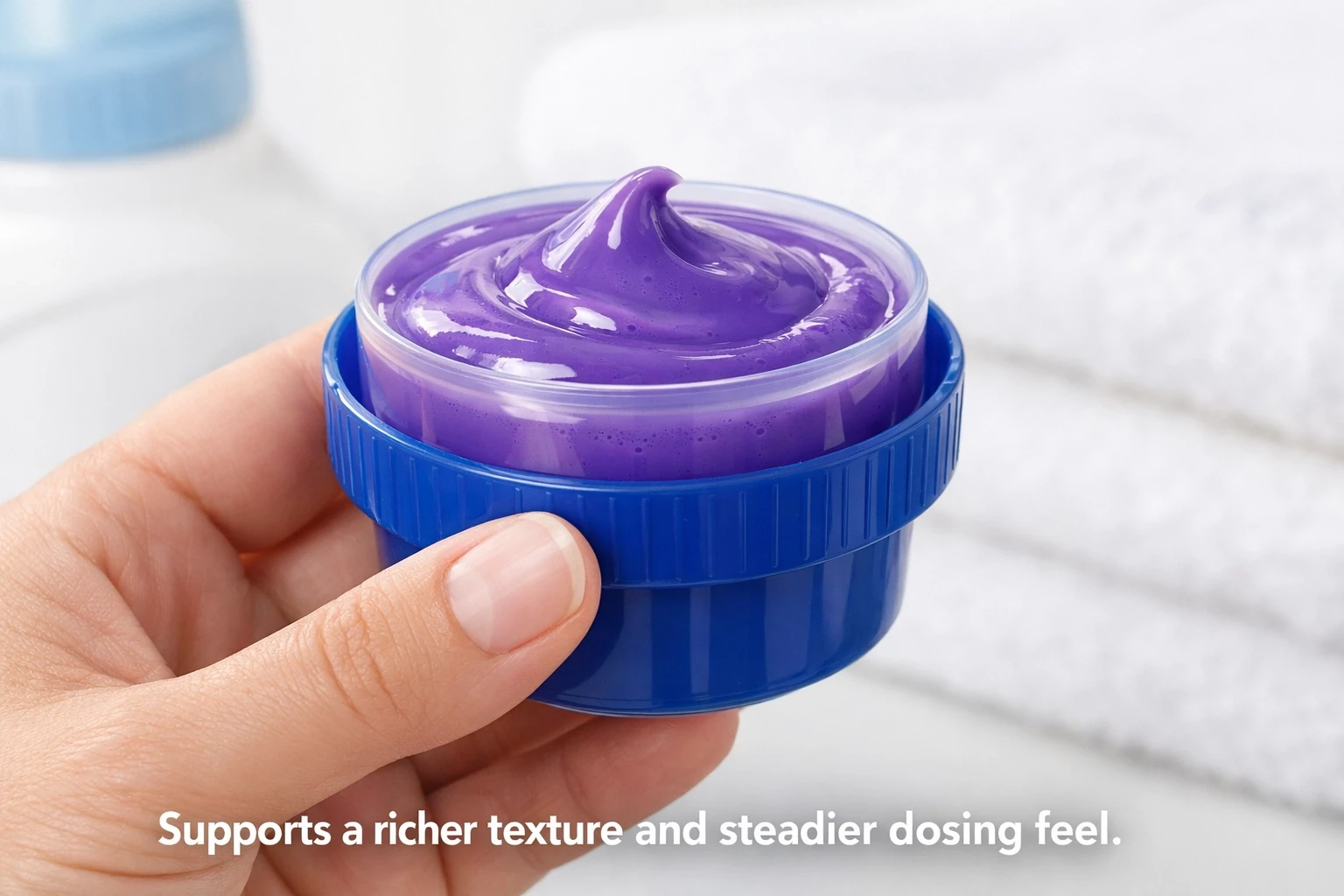 Thick liquid laundry detergent in a cap showing HEMC texture support