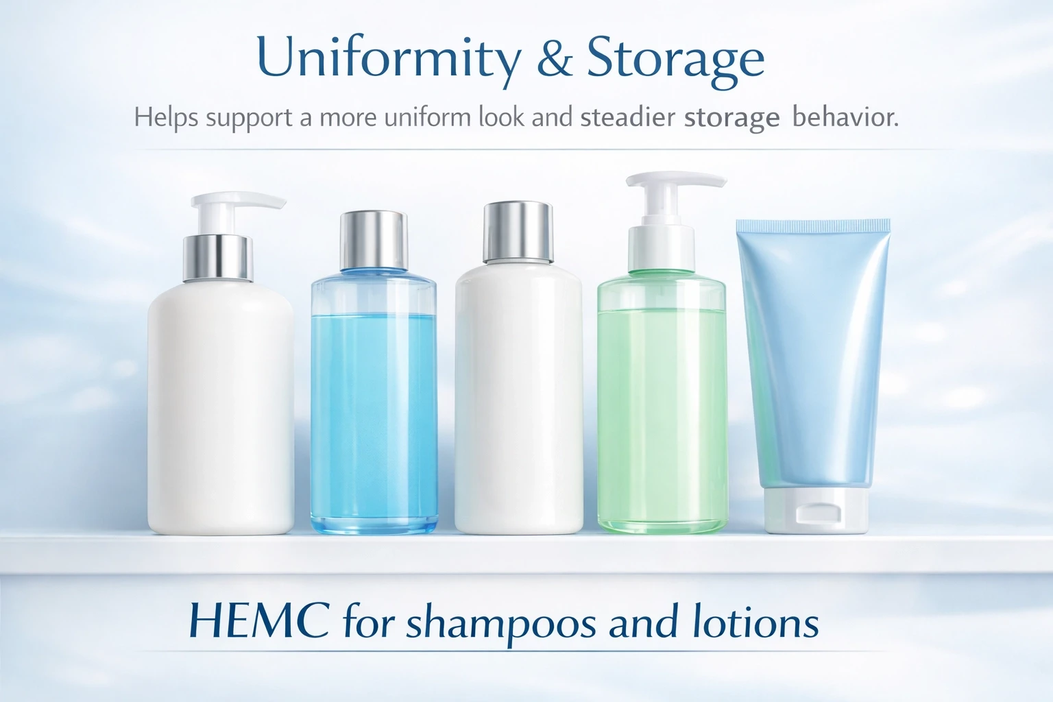 Diagram showing HEMC uniformity and storage stability in shampoos and lotions
