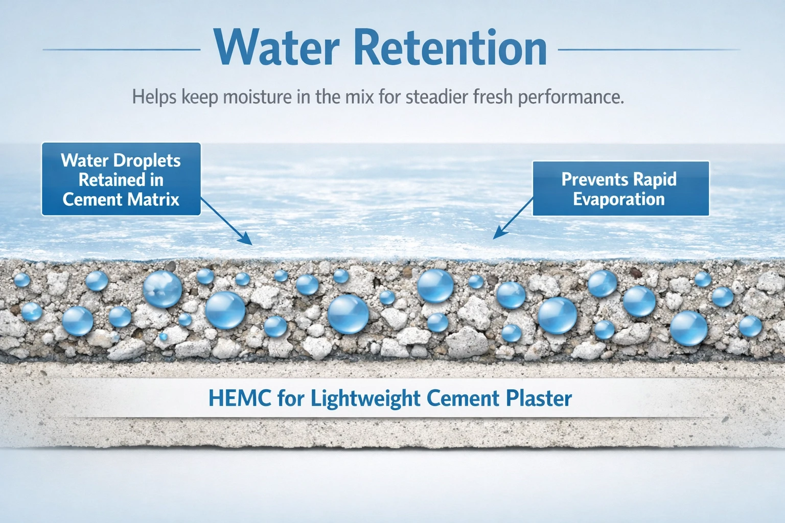 Diagram showing HEMC water retention in lightweight cement plaster