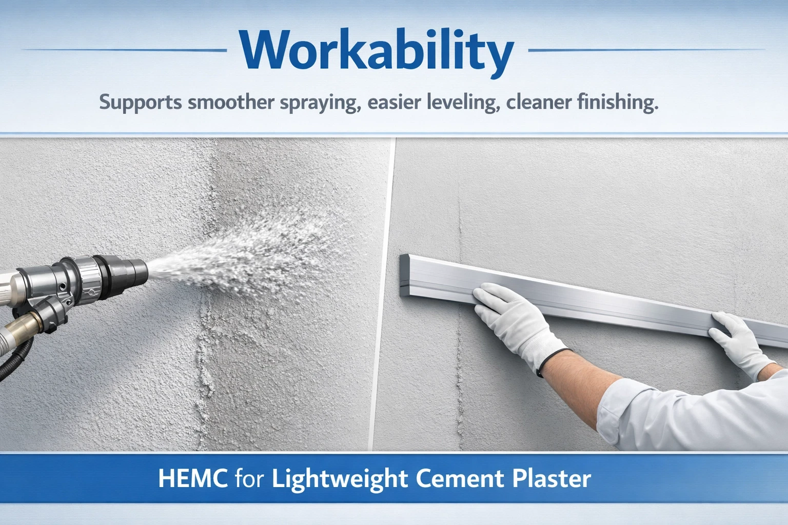 Technical diagram showing how HEMC supports smoother spraying, easier leveling, and cleaner finishing in lightweight cement plaster applications.