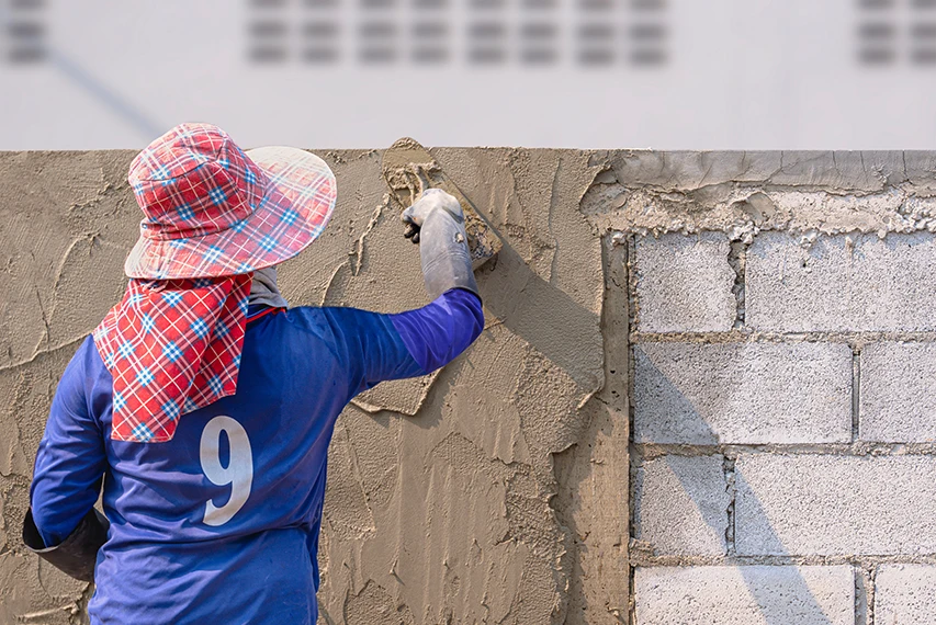 Worker applying render stucco mortar to a wall surface, representing HEMC use for smoother spreading, workable consistency, and stable fresh performance.