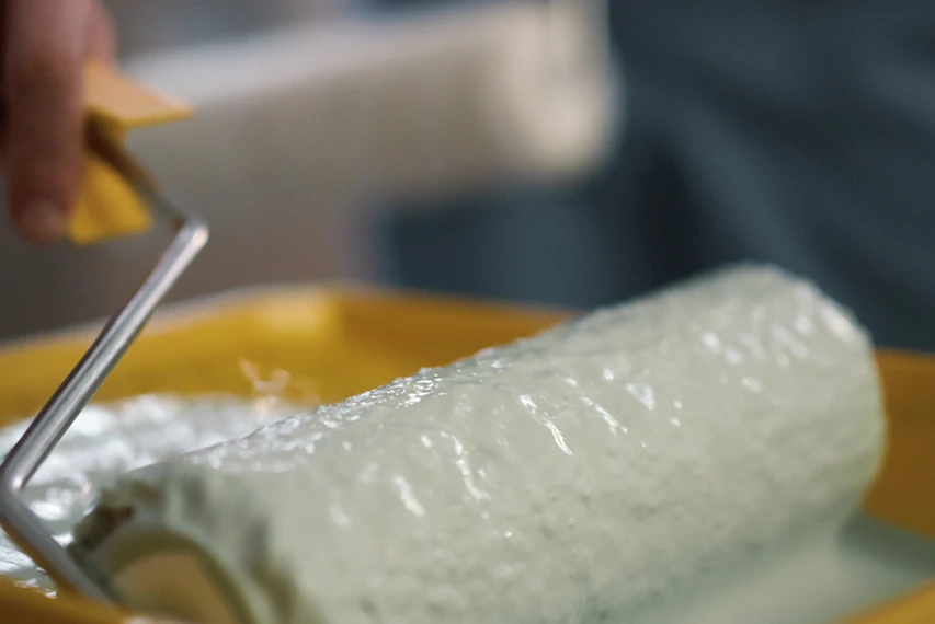 Paint roller loaded with water-based emulsion paint and HEMC support