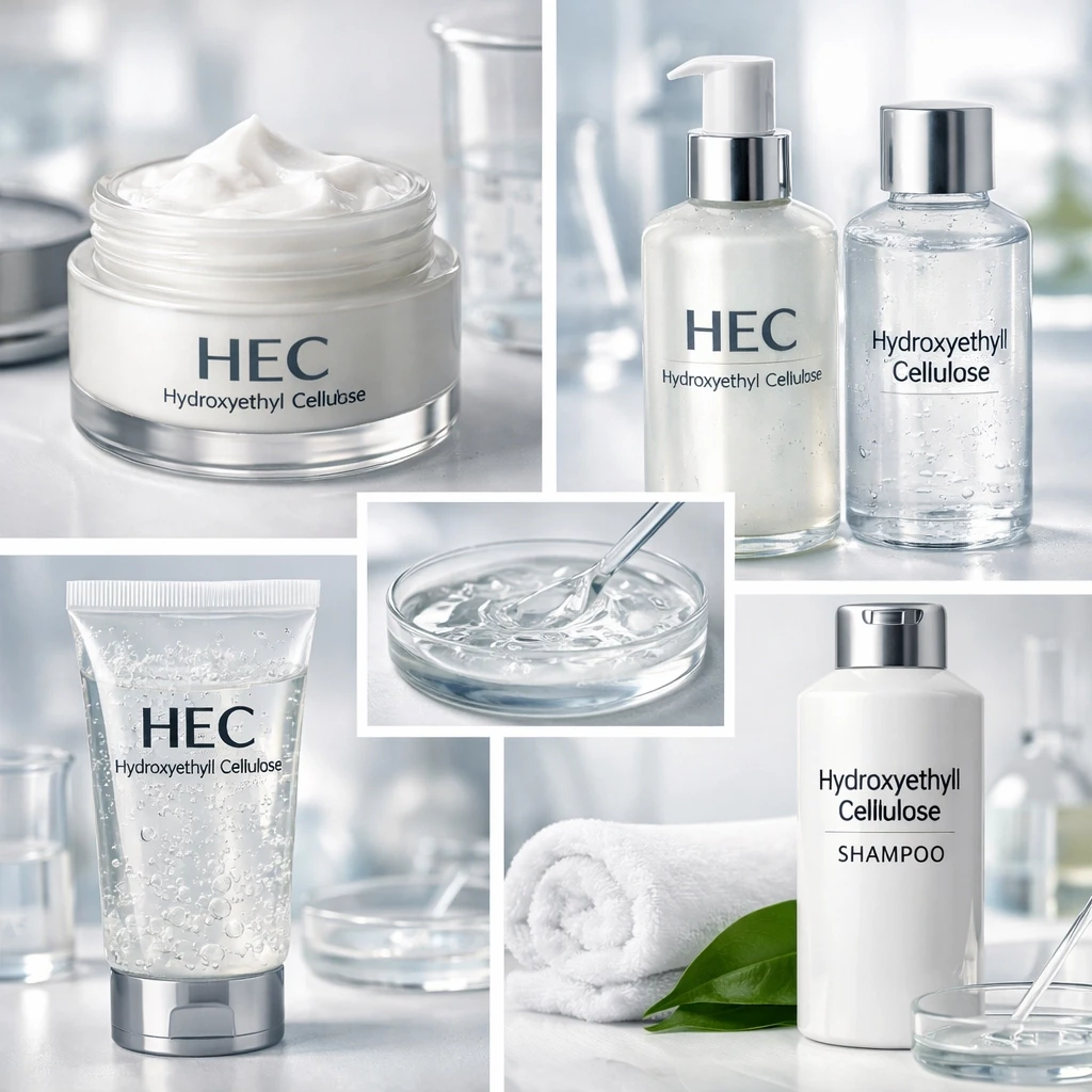 Un collage montrant des crèmes, des lotions, des shampooings et des gels avec des étiquettes HEC.