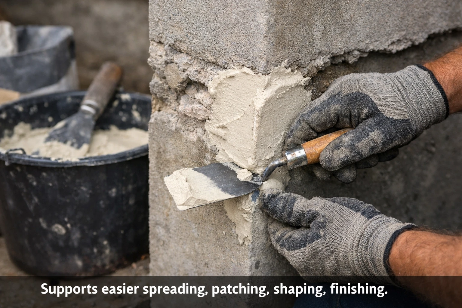 Repair mortar being spread and shaped with HEMC support