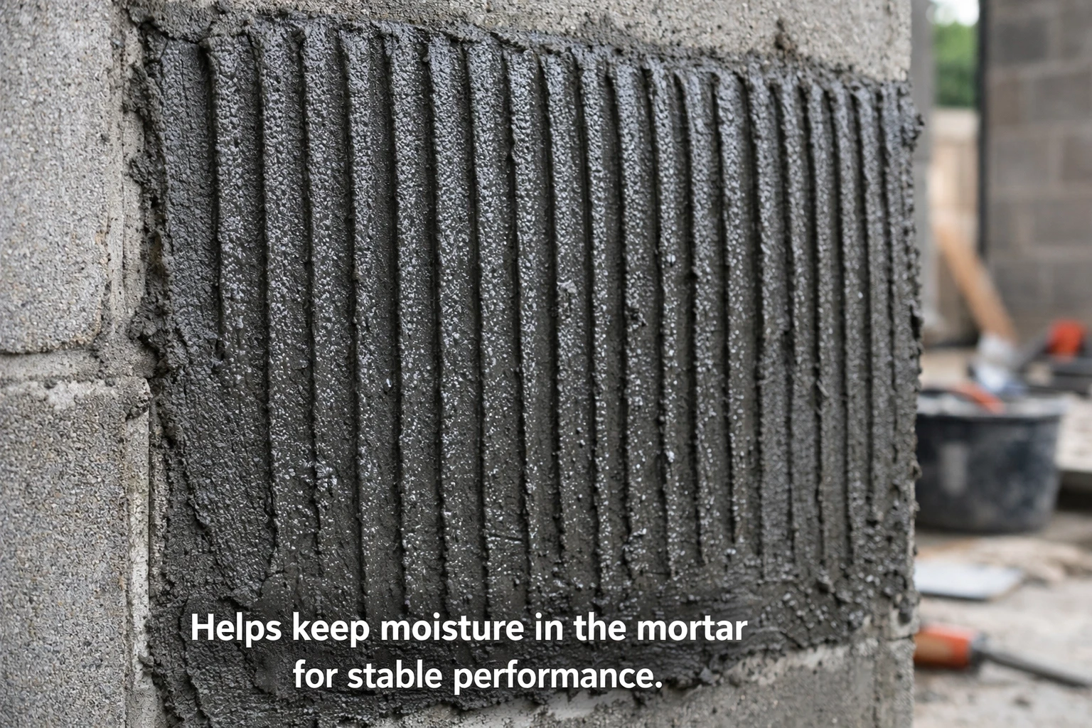 Ribbed cement-based tile adhesive showing HEMC moisture retention performance