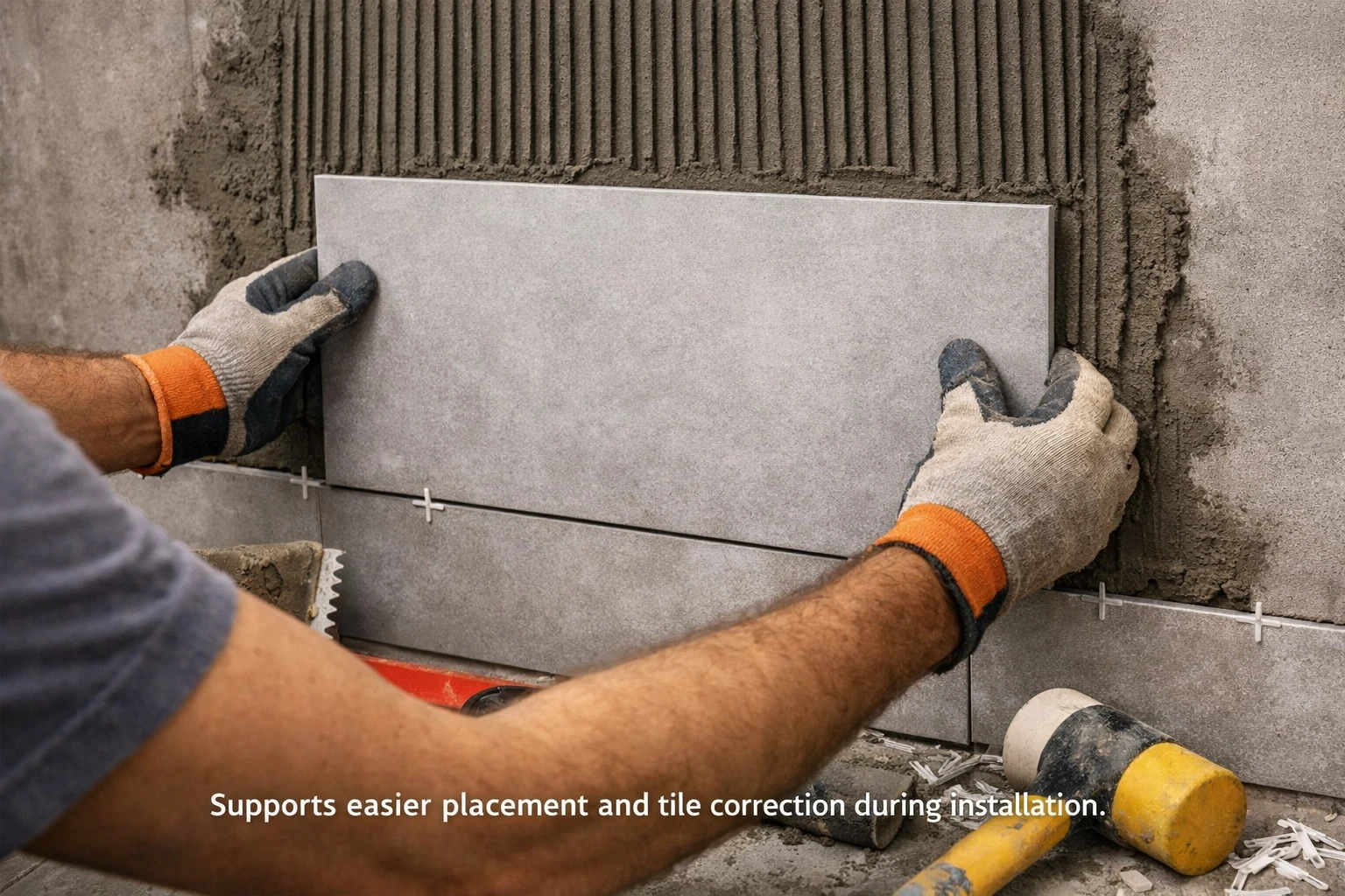 Worker placing tile on cement-based adhesive with HEMC support