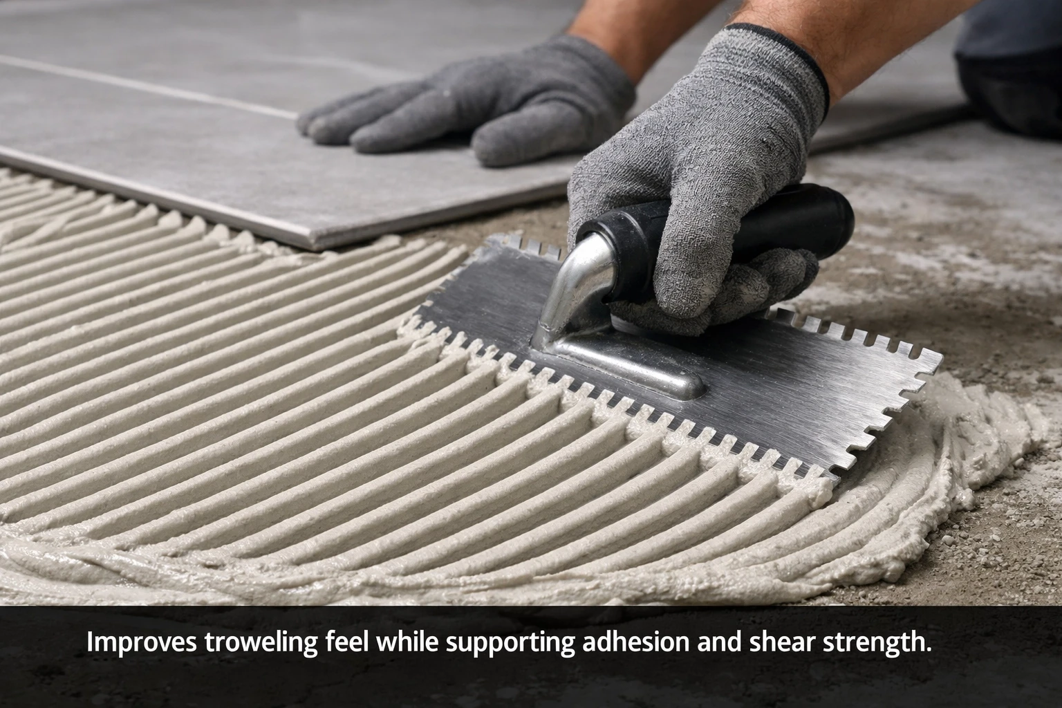 Gloved hand troweling cement-based tile adhesive with HEMC support