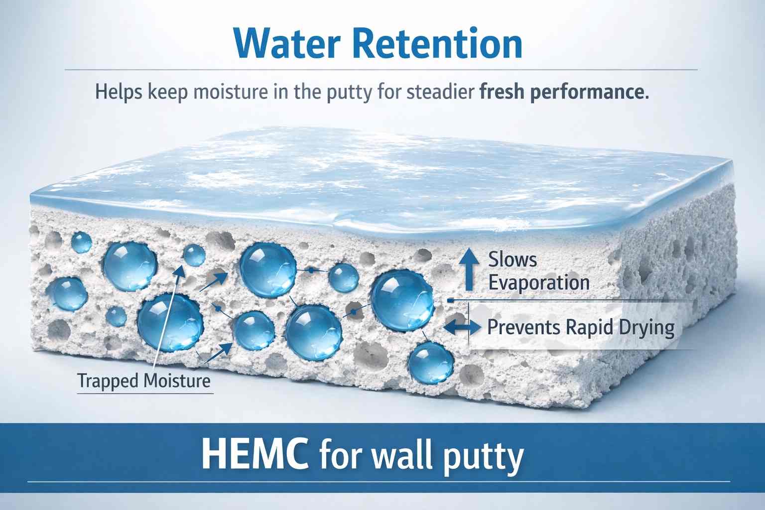 Diagram showing HEMC water retention in wall putty