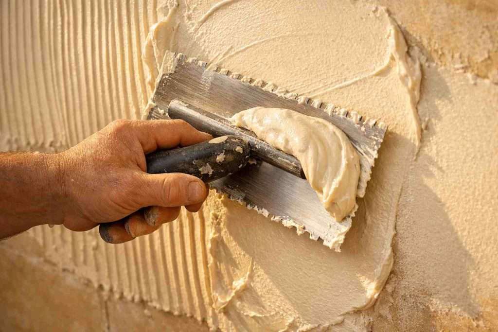 Worker applying tile adhesive and plaster with HEMC-based dry-mix materials