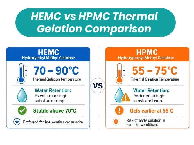 Gráfico de comparação da temperatura de gelificação térmica e do desempenho de retenção de água de HEMC vs HPMC