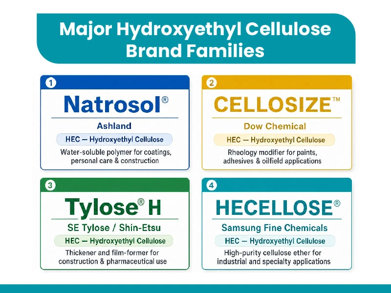 Natrosol, CELLOSIZE, Tylose H et HECELLOSE comme familles de marques d'hydroxyéthylcellulose.