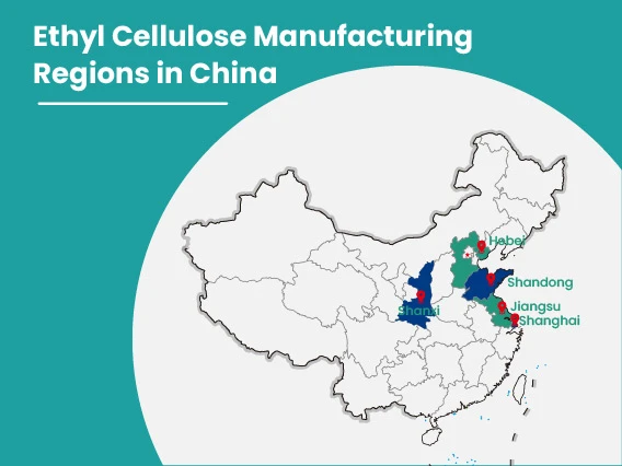 map highlighting Shandong Hebei Shanghai Shaanxi and Jiangsu as main ethyl cellulose production provinces in China