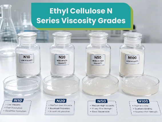 different viscosity grades of ethyl cellulose N series samples including N10 N20 N50 and N100 laid out for comparison