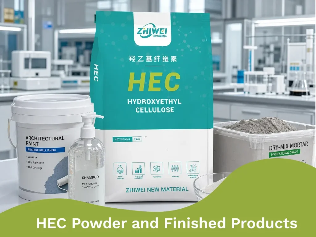 Poudre de HEC et produits finis sur une table de travail de laboratoire.
