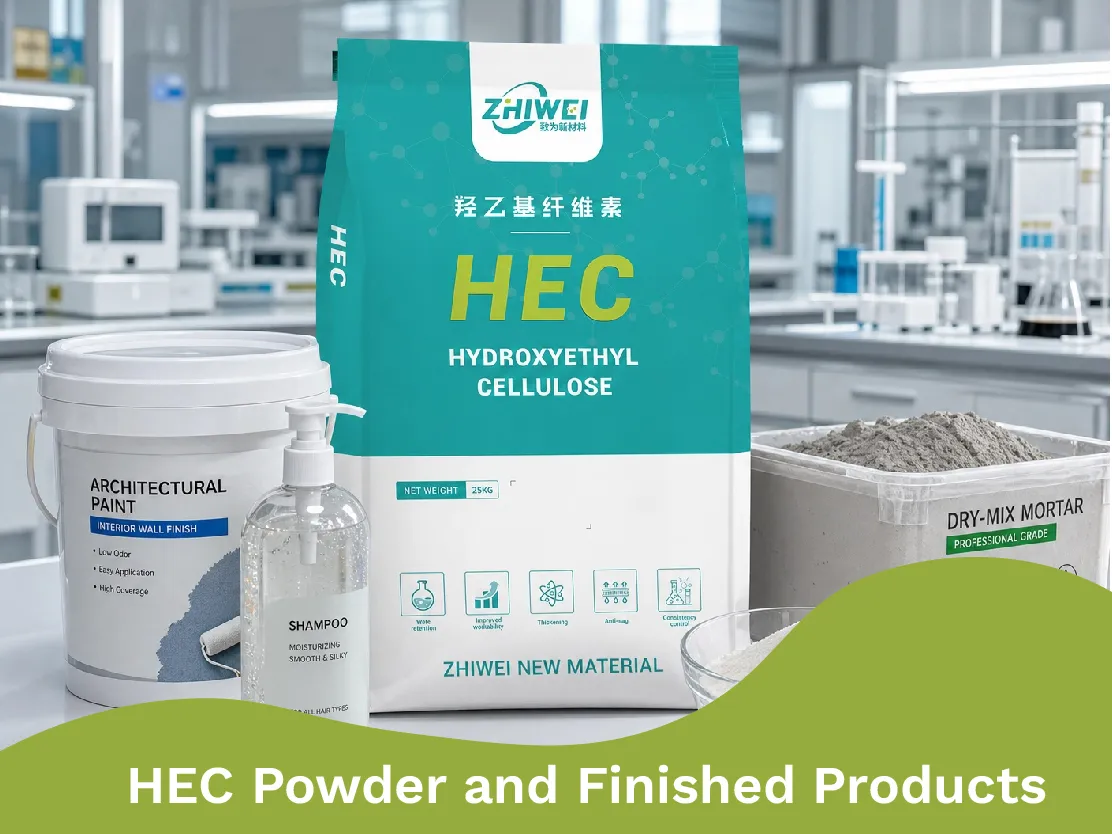 HEC powder and finished products on a laboratory workbench.