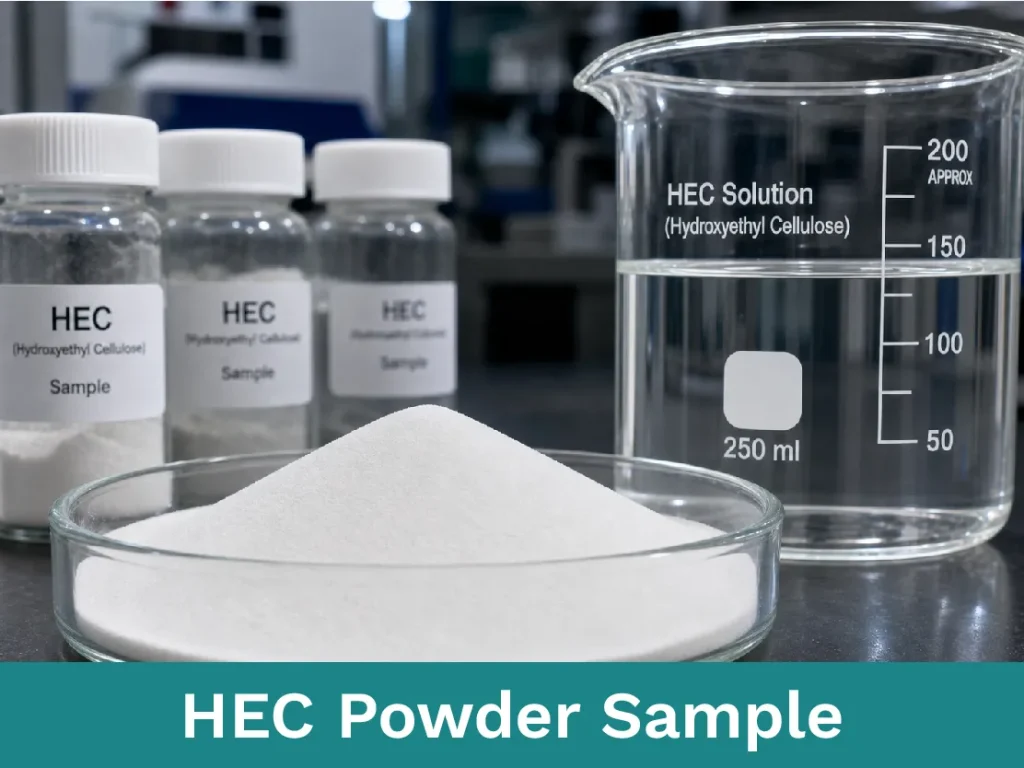 Échantillon de poudre d'hydroxyéthylcellulose préparé pour les tests de formulation.