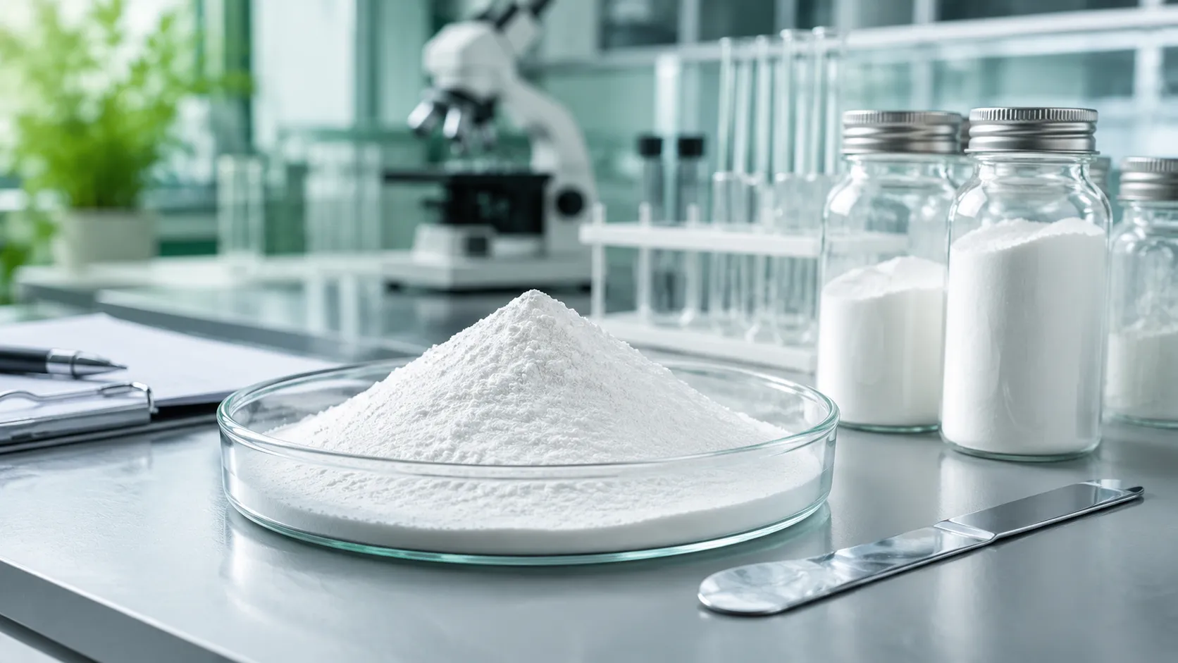White HEMC cellulose ether powder sample on a laboratory table.