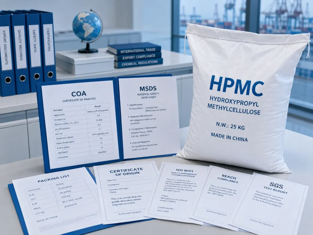 Zu den HPMC-Lieferantenunterlagen gehören COA, MSDS, Zertifikate, Packlisten und Exportpapiere.