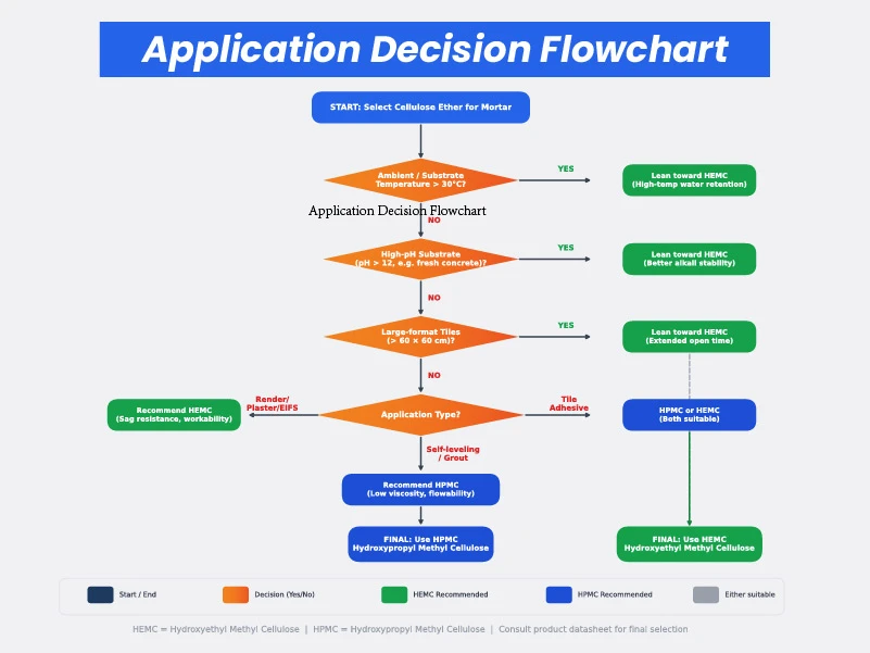 Decision flowchart for choosing between HPMC and HEMC for construction applications including tile adhesive, render, and plaster