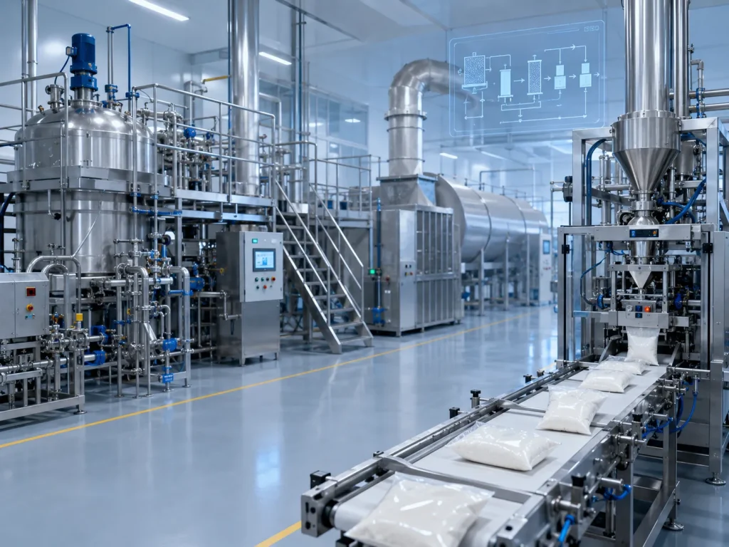 HPMC-Herstellungslinie mit Produktionsanlagen, Trocknungsprozess und Verpackungssystem.