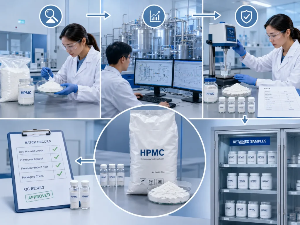 Die HPMC-Qualitätskontrolle umfasst die Prüfung von Rohstoffen, die Prozessüberwachung und die Endkontrolle der Chargen.