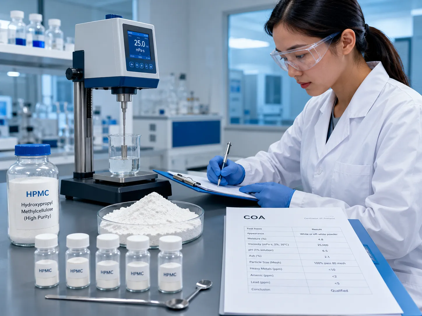 Laboratory technician testing HPMC powder quality with viscosity measurement equipment.