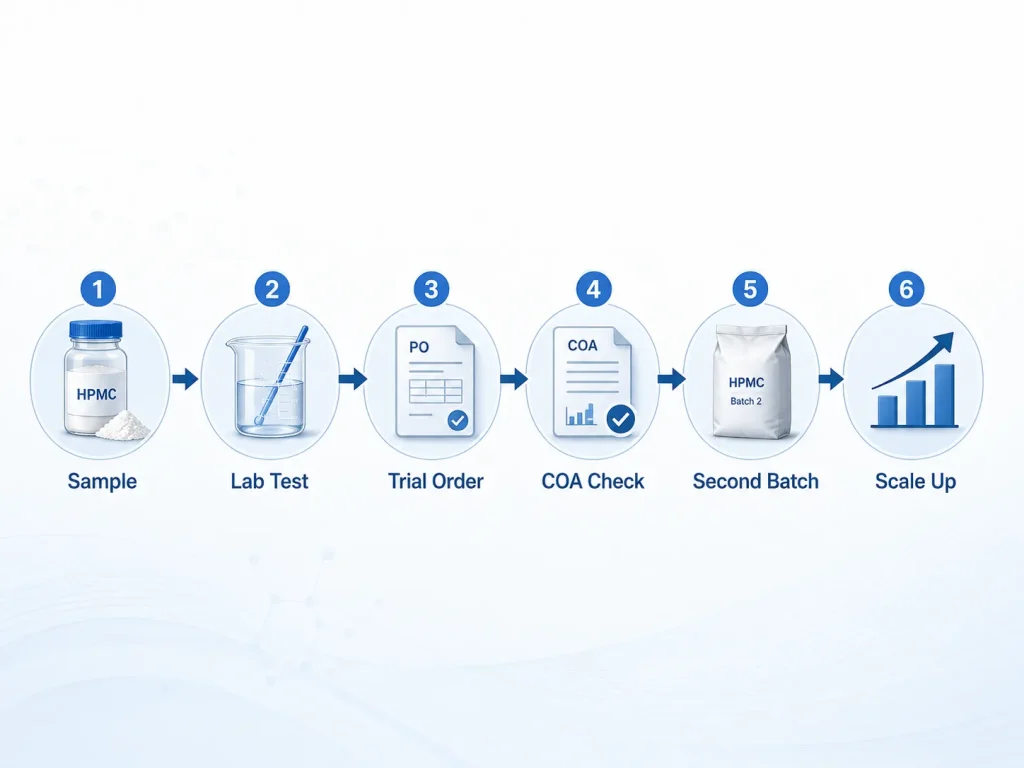 Die Käufer testen HPMC-Muster, geben Probebestellungen auf, vergleichen die COA-Daten und erhöhen schrittweise die Menge.