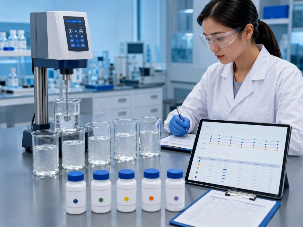 Bei HPMC-Viskositätstests werden verschiedene Produktionschargen auf Konsistenz verglichen.