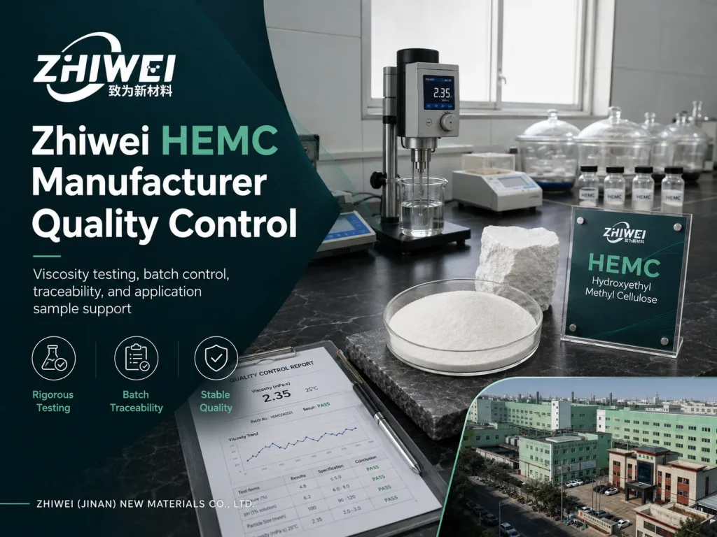 Zhiwei HEMC manufacturer with viscosity testing batch control and application sample support (fabricant de HEMC de Zhiwei avec contrôle de la viscosité des lots et soutien des échantillons d'application)