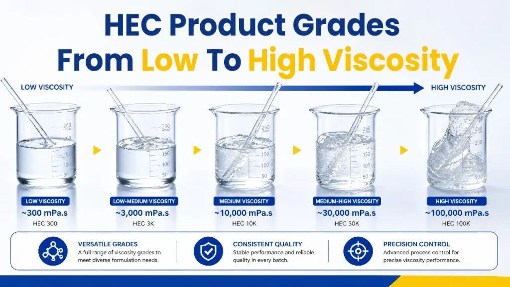 Different hydroxyethyl cellulose grades arranged for viscosity comparison