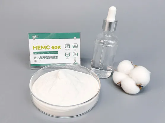 Zhiwei HEMC 60K powder sample displayed with product label and lab props for medium-high viscosity Hydroxyethyl Methyl Cellulose grades.