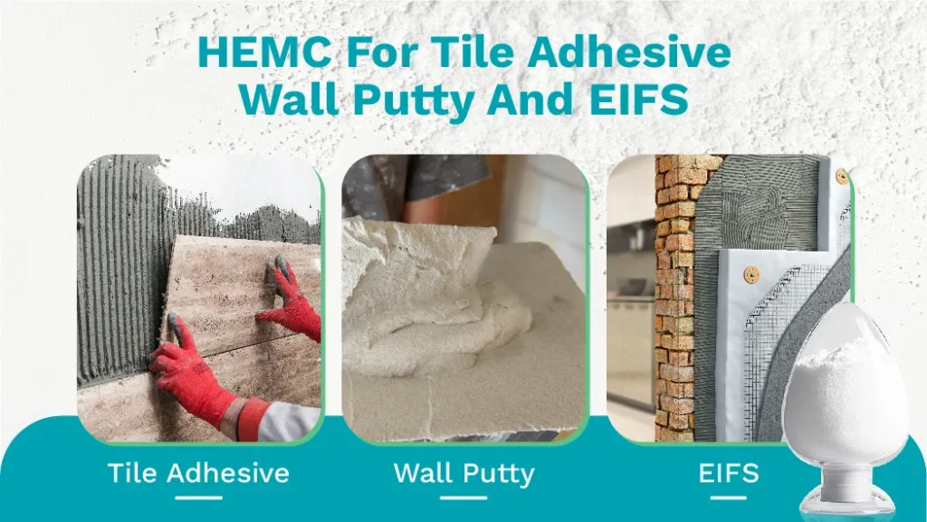 HEMC para mortero de mezcla seca utilizado en adhesivos para azulejos, masilla para paredes, sistemas de aislamiento térmico exterior (EIFS), y revocos