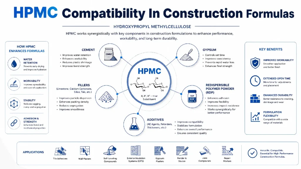 HPMC compatibility with cement, fillers, polymer powder, gypsum, and additives