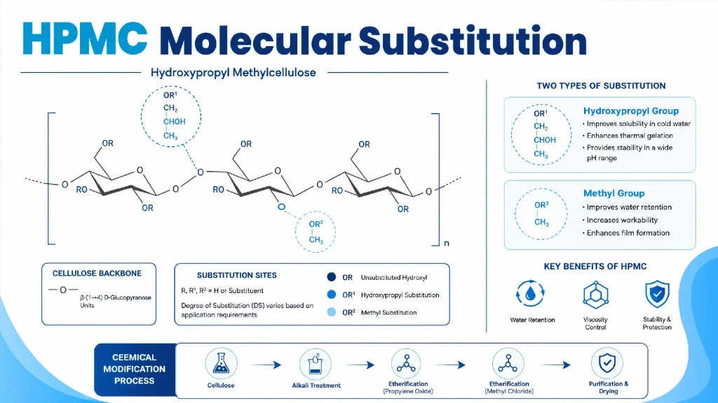 HPMC has hydroxypropyl and methyl groups on the cellulose chain