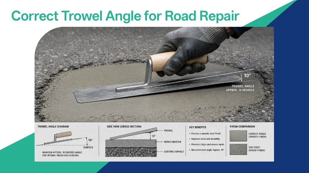 Correct trowel angle for pavement repair mortar