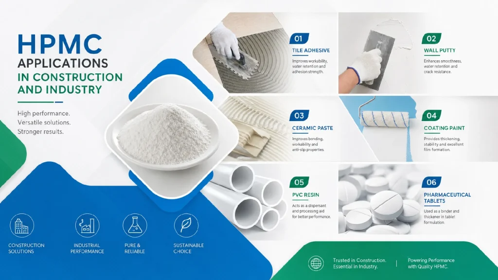 Hydroxypropylmethylcellulose, die in der Bauindustrie, bei Beschichtungen, in der Keramik, bei PVC und in pharmazeutischen Produkten zum Einsatz kommt