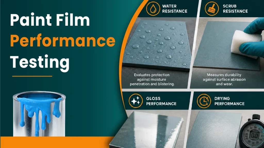 Water-based coating films tested for water resistance, scrub resistance, gloss, and drying behavior